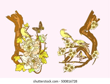 Vector set with butterflies, birds and cherry blossoms, peonies for tattoo and background.