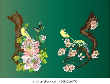 Vector set with butterflies, birds and cherry blossoms, peonies for tattoo and background.