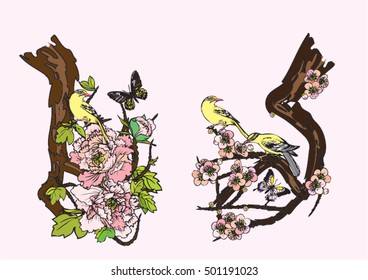 Vector set with butterflies, birds and cherry blossoms, peonies for tattoo and background,beautiful card with flowers of greeting card garden, vintage flowers composition.illustration EPS10.