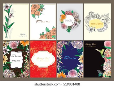 Vector set butterflies and birds with flowers,greeting card garden, invitation card for wedding, vintage flowers composition. decorative background and text, vector illustration EPS10.