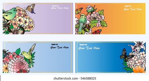 Vector set butterflies and birds with flowers,greeting card garden, invitation card for wedding, vintage flowers composition. decorative background and text, vector illustration EPS10.