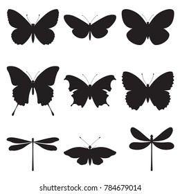 Vector set of butterflies and dragonflies on a white background. Silhouettes of butterflies and dragonflies isolated.