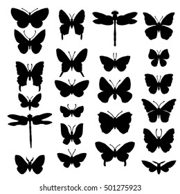 vector set of butterflies and dragonflies silhouettes, isolated insects, hand drawn design elements