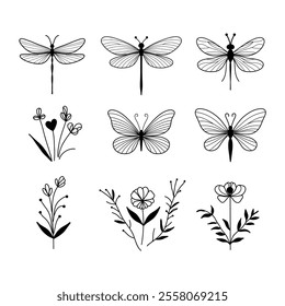 vector set of butterflies and dragonfly. 