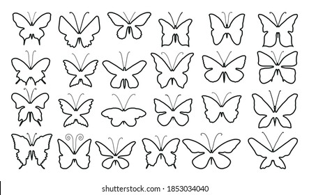 Vector set of butterflies line art. Butterflies for stencils, CNC printing, children s play or coloring.Black line of different hollow. Isolated clip arts insects collection.