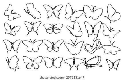 Vector set of butterflies line art. Butterflies for stencils, CNC printing, children s play or coloring. Black line of different hollow. Isolated clip arts insects collection.