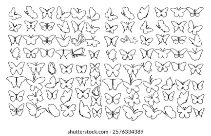 Vector set of butterflies line art. Butterflies for stencils, CNC printing, children s play or coloring. Black line of different hollow. Isolated clip arts insects collection.