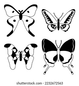 El vector pone mariposas sobre un fondo blanco, dibujando insecto decorativo, siluetas dibujando mano, vector aislado