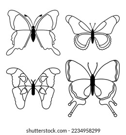 Vector set butterflies on a white background, drawing decorative insect, silhouettes hand draw, isolated vector