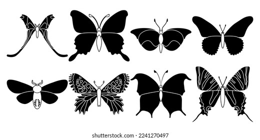 Vector set butterflies on a white background, drawing decorative insect, silhouettes hand draw, isolated vector