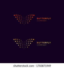 Conjunto de vectores de logotipos de mariposa con forma de espárragos, signo de puntos o puntos, símbolo de fuegos artificiales, estrellas de efecto ligero estallidos Plantilla de diseño para su empresa e identidad corporativa