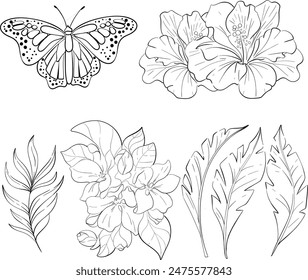 Vector set - butterfly monarch, hibiskus, palm leaves. Bright flower. Vintage elegant clipart. Spring and tropical cartoon butterfly. Isolated. Black silhouette for circuit