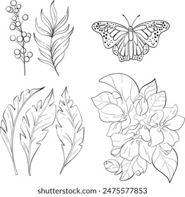 Vector set - butterfly monarch, palm leaves. Bright flower. Vintage elegant clipart. Spring and tropical cartoon butterfly. Isolated. Black silhouette for circuit