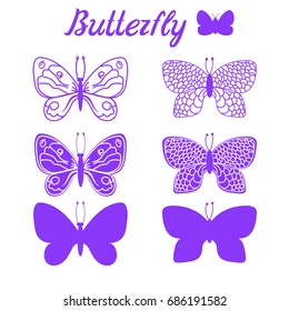 Vector set butterfly purple color silhouette. Isolated illustration on white background. Hand drawing on the wings.
