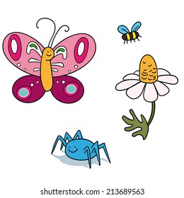 vector  set with butterfly, spider, bee and chamomile on white background