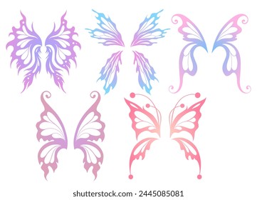 Vector set of butterfly wings clipart isolated from background. Fantasy collection of fairy wings in delicate gradient colors for stickers and sublimation