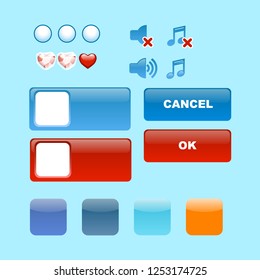 vector set of buttons sound, music, hearts , cancel, ok