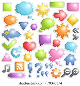 Vector set of buttons, speech bubbles and different symbols.