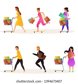 Vector set of buyers holding cart and bags for seasonal shopping sale concept.
