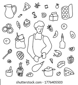 Vector set by a cooking boy. Clip art food illustrations with pie, cake, shrimp salad, bun, ravioli, spaghetti, fruit and vegetables, eggs, olive oil, avocado.Design for menu, advertising and web. 