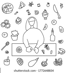Vector set by a cooking girl. Clip art food illustrations with pie, cake, shrimp salad, bun, ravioli, spaghetti, fruit and vegetables, knife, olive oil, avocado.Design for menu, advertising and web. 