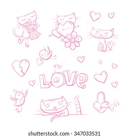 Vector set by Valentine's Day. Cartoon hearts, kittens, flowers and birdies.