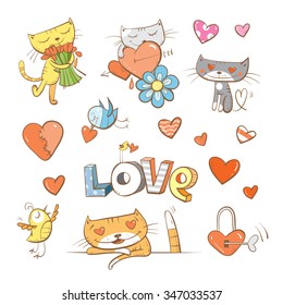 Vector set by Valentine's Day. Cartoon hearts, kittens, flowers and birdies.