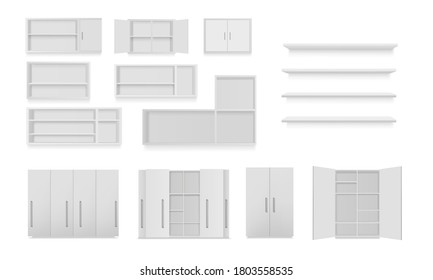 Векторный набор шкафов, изолированных на белом фоне. Шкаф для ванной комнаты, шкаф, настенная полка, пустая книжная полка. Мокап 3d иллюстрация