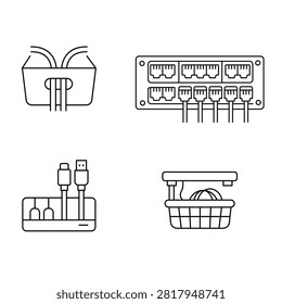 Vector set of cable management symbols featuring patch panels and organized wire systems.