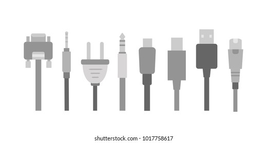 Vector set of Cable wire computer and electricity plug collection.