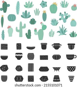 Vektorset aus Kakteen und schwarzen Töpfen. Handgezeichnete Illustration eines Kakteen im skandinavischen Stil. Sommerkollektion für Dekoration, Karte, Haus, Inneneinrichtung, Druck, Poster, Banner