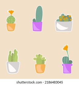 Vector set of cacti. Cactus stickers.Room cactus in flat style. Cute green cactus in flower pots. Beautiful cacti, great design for any purpose. Flat illustration with white isolated background.