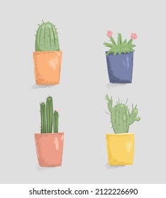 Vector set of cacti in colorful pots.