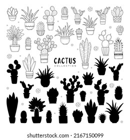 Vector set of cacti in decorative flower pots with ornaments, succulents and ficus p;ants, black outlines and silhuettes isolated on white background. Different shapes and size of aloe and cactus