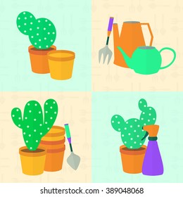 Vector set of cacti and gardening tools. Collection includes cactus, watering can, set of pots, small rake and shovel. Houseplant care. Flat style. 