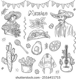 Conjunto vetorial de cactos. Ilustração Cinco de Mayo desenhada à mão. Contornos de Halloween