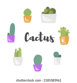 Vector set of cacti. Indoor cactus in flat style. Cute green cactus in flower pots. Beautiful cacti, great design for any purpose. Flat illustration with white isolated background.