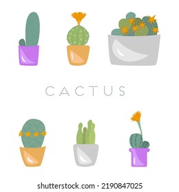 Vector set of cacti. Indoor cactus in flat style. Cute green cactus in flower pots. Beautiful cacti, great design for any purpose. Flat illustration with white isolated background.