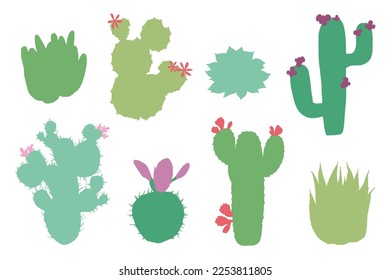 Vector set of cacti, succulents, aloe. Flowering cacti. Collection of exotic plants.