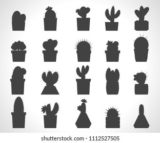 Vector set of cacti and succulents in flower pots. Collection of silhouettes.