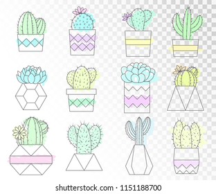 Vector set of cacti and succulents in flower pots. Flat style. Art line. Colored collection.