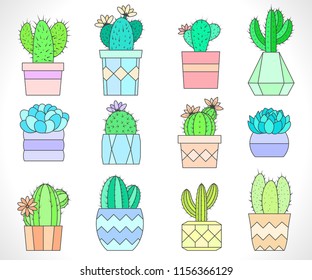 Vector set of cacti and succulents in flower pots. Flat style. Colored collection.