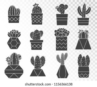 Vector set of cacti and succulents in flower pots. Collection of silhouettes.