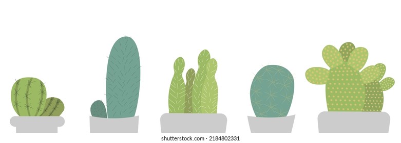 Vector set of cacti.Room cactus in flat style. Cute green cactus in flower pots. Beautiful cacti, great design for any purpose. Flat illustration with white isolated background.