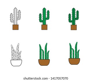 Vector set of cactus, aloe vera collection of exotic plants in 3 different variations.