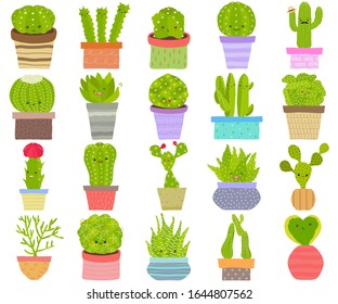 Vector set of cactus cacti aloe succulent plants with face in pot. Collection of flat styled hand drawn exotic houseplant. Cute illustration isolated on white. Beautiful design elements. 