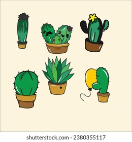 Vector Set Cactus Illustration Cute Color Green