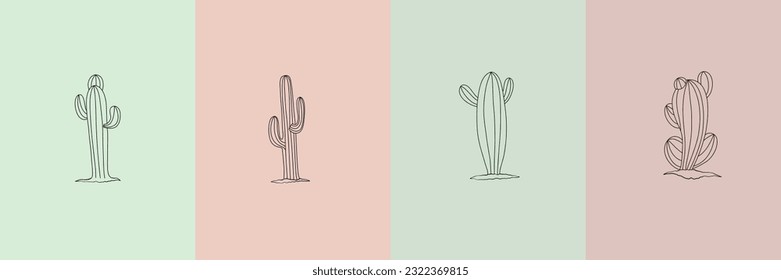 Vector set of cactus illustrations in minimal linear style, hand drawn desert cactuses, minimal floral line art drawing