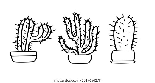 Vector set of cactus in pots. Succulents. Decorative spiny flowers for office and home decor, isolated outline illustrations on white background