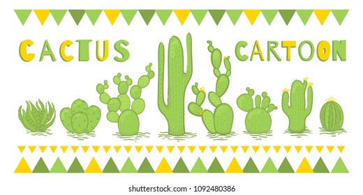 Vector set of cactus, stand in a row of green. Cartoon illustration.